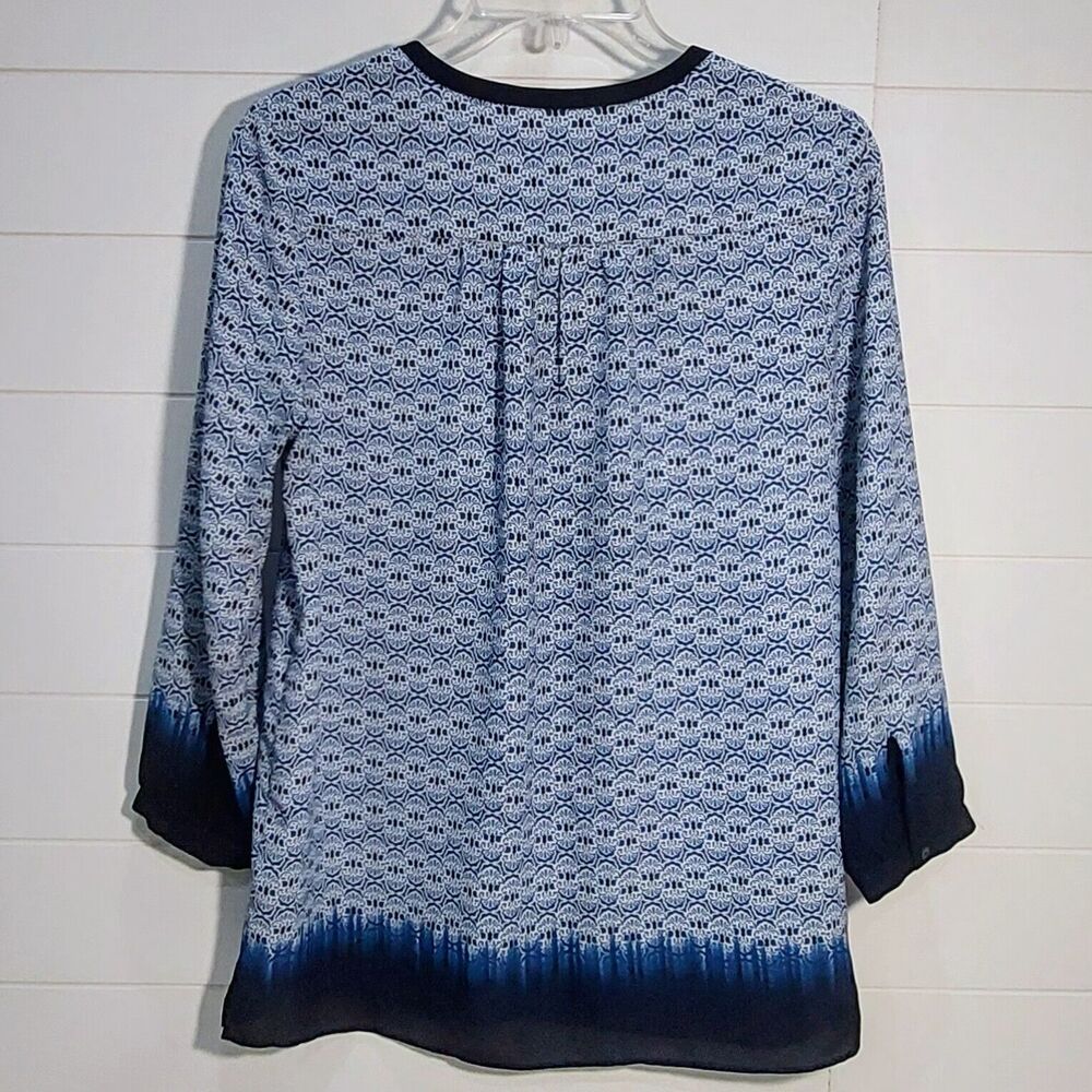 NYDJ Women's Small Blouse 3/4 Sleeve Ikat Print Pleated Dart in Back - Picture 3 of 10